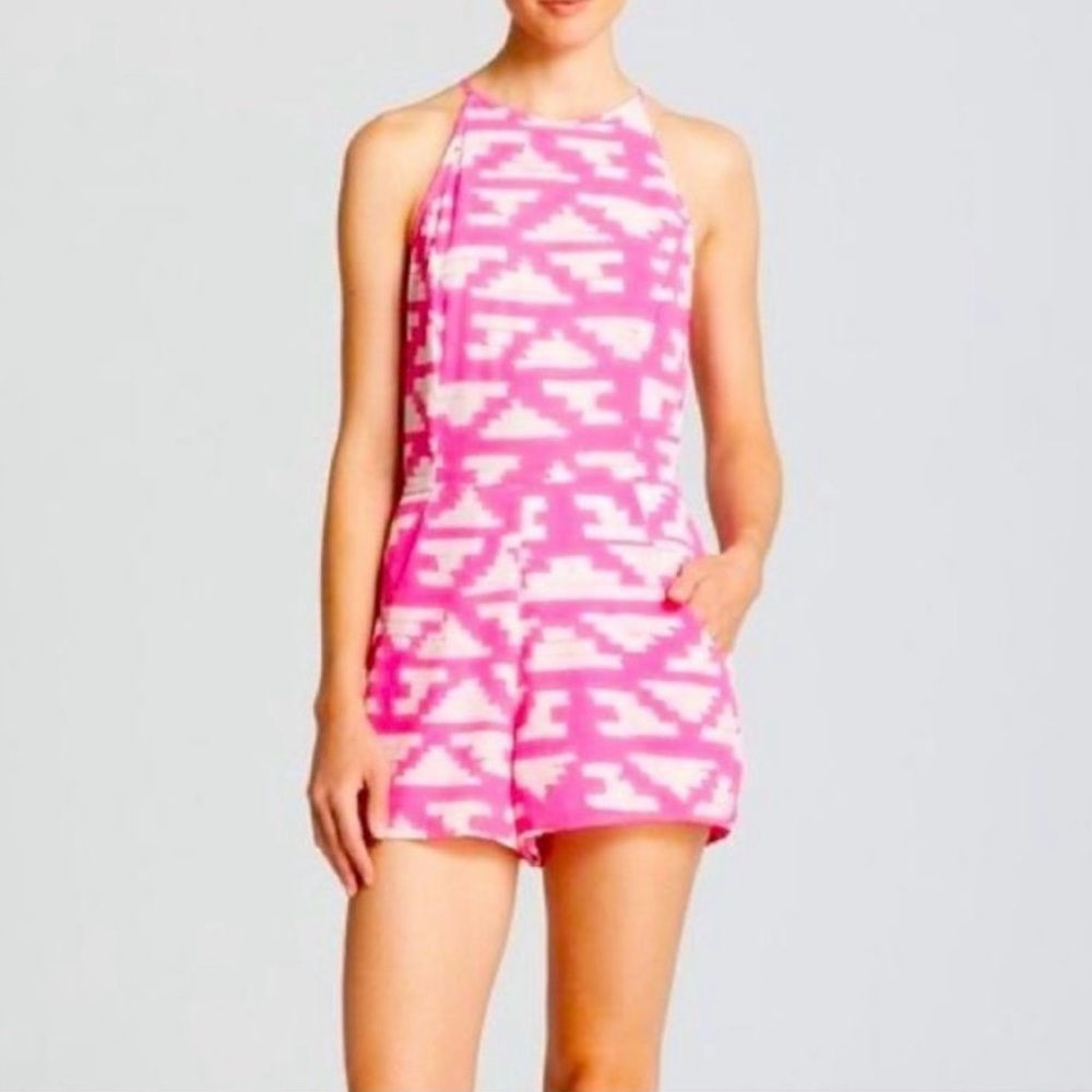 AQUA Hot Pink Fuchsia & White Abstract Geometric Print Racer Back Romper Size XS